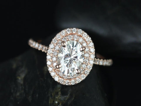 SALE 1.50ct Ready to Ship Cara 8x6mm 14kt GoldFB Moissanite Diamonds Double Halo Ring - Rosados Box