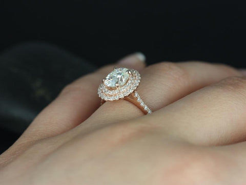 SALE 1.50ct Ready to Ship Cara 8x6mm 14kt GoldFB Moissanite Diamonds Double Halo Ring - Rosados Box