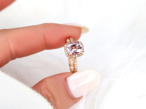 2.03ct Ready to Ship Carrie & Christie 14kt Rose Gold Blush Champagne Sapphire Diamond Art Deco Pave Halo Bridal Set - Rosados Box