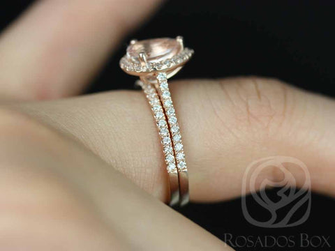 Tabitha 8x6mm 14kt Gold Morganite Diamond Classic Pear Halo Bridal Set - Rosados Box