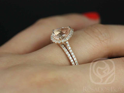 Tabitha 8x6mm 14kt Gold Morganite Diamond Classic Pear Halo Bridal Set - Rosados Box