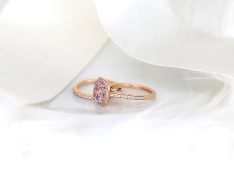 2.51cts Ready to Ship Hollie 14kt Rose Gold Peach Raspberry Sapphire Diamond Cushion Halo Bridal Set - Rosados Box