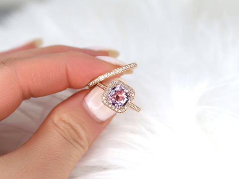 2.51cts Ready to Ship Hollie 14kt Rose Gold Peach Raspberry Sapphire Diamond Cushion Halo Bridal Set - Rosados Box