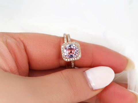 2.51cts Ready to Ship Hollie 14kt Rose Gold Peach Raspberry Sapphire Diamond Cushion Halo Bridal Set - Rosados Box