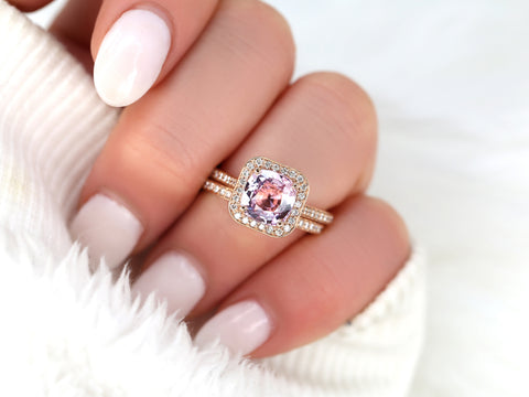 2.51cts Ready to Ship Hollie 14kt Rose Gold Peach Raspberry Sapphire Diamond Cushion Halo Bridal Set - Rosados Box