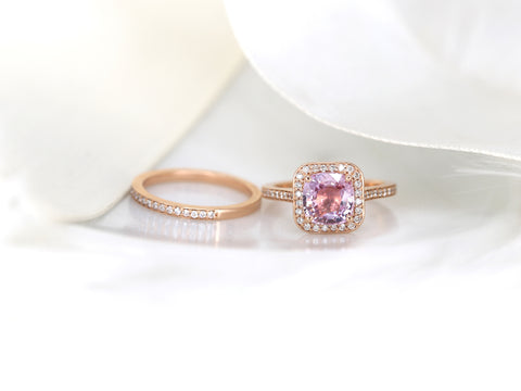 2.51cts Ready to Ship Hollie 14kt Rose Gold Peach Raspberry Sapphire Diamond Cushion Halo Bridal Set - Rosados Box