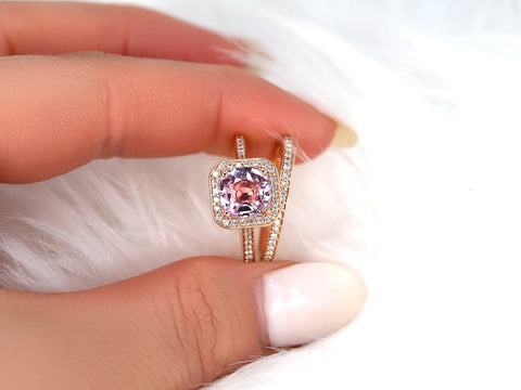 2.51cts Ready to Ship Hollie 14kt Rose Gold Peach Raspberry Sapphire Diamond Cushion Halo Bridal Set - Rosados Box