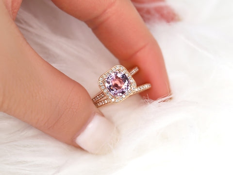 2.51cts Ready to Ship Hollie 14kt Rose Gold Peach Raspberry Sapphire Diamond Cushion Halo Bridal Set - Rosados Box