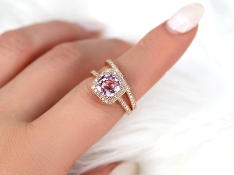 2.51cts Ready to Ship Hollie 14kt Rose Gold Peach Raspberry Sapphire Diamond Cushion Halo Bridal Set - Rosados Box