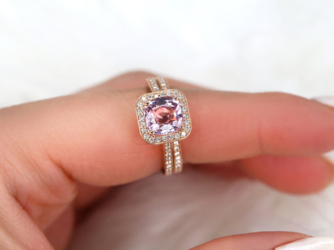 2.51cts Ready to Ship Hollie 14kt Rose Gold Peach Raspberry Sapphire Diamond Cushion Halo Bridal Set - Rosados Box