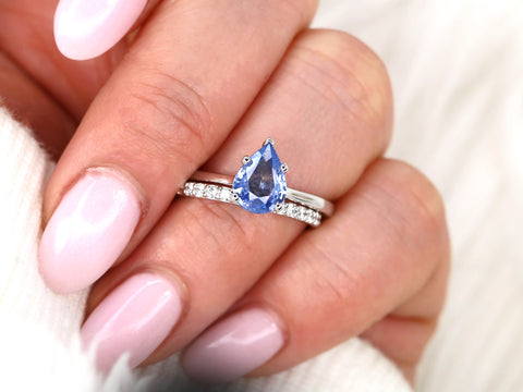 1.30ct Ready to Ship Skinny Jane & Tiffani 14k Cornflower Blue Sapphire Diamond Pear Solitaire Bridal Set - Rosados Box