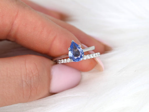 1.30ct Ready to Ship Skinny Jane & Tiffani 14k Cornflower Blue Sapphire Diamond Pear Solitaire Bridal Set - Rosados Box