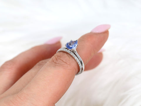 1.30ct Ready to Ship Skinny Jane & Tiffani 14k Cornflower Blue Sapphire Diamond Pear Solitaire Bridal Set - Rosados Box