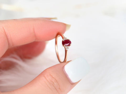 Ready to Ship Juniper 6x4mm 14kt Rose Gold Ruby Diamond Oval Cluster Ring - Rosados Box