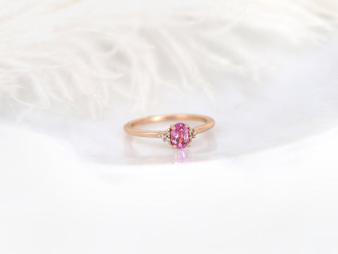 Juniper 6x4mm 14kt Gold Pink Sapphire Diamonds Dainty Oval Cluster Ring - Rosados Box