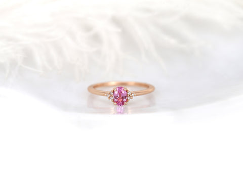 Juniper 6x4mm 14kt Gold Pink Sapphire Diamonds Dainty Oval Cluster Ring - Rosados Box