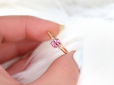 Juniper 6x4mm 14kt Gold Pink Sapphire Diamonds Dainty Oval Cluster Ring - Rosados Box