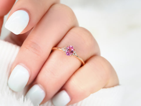 Ready to Ship Juniper 6x4mm 14kt Rose Gold Pink Sapphire Diamonds Dainty Oval Cluster Ring - Rosados Box