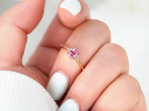 Juniper 6x4mm 14kt Gold Pink Sapphire Diamonds Dainty Oval Cluster Ring - Rosados Box