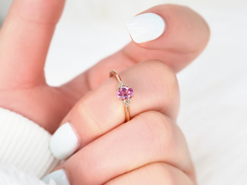 Juniper 6x4mm 14kt Gold Pink Sapphire Diamonds Dainty Oval Cluster Ring - Rosados Box