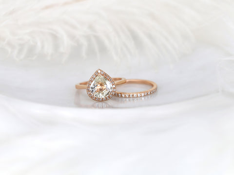 2.86ct Ready to Ship Karma & Pernella 14kt Rose Gold Wide Pear Butter Champagne Sapphire Diamond Halo Bridal Set - Rosados Box