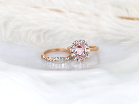 3.37cts Ready to Ship Katherine 14kt Rose Gold Champagne Peach Sapphire Diamond Halo Bridal Set - Rosados Box