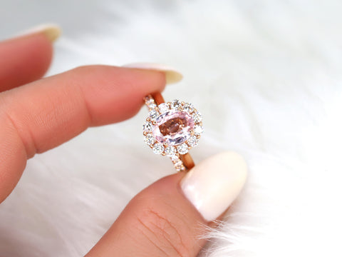 3.37cts Ready to Ship Katherine 14kt Rose Gold Champagne Peach Sapphire Diamond Halo Bridal Set - Rosados Box