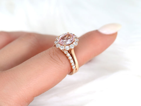 3.37cts Ready to Ship Katherine 14kt Rose Gold Champagne Peach Sapphire Diamond Halo Bridal Set - Rosados Box