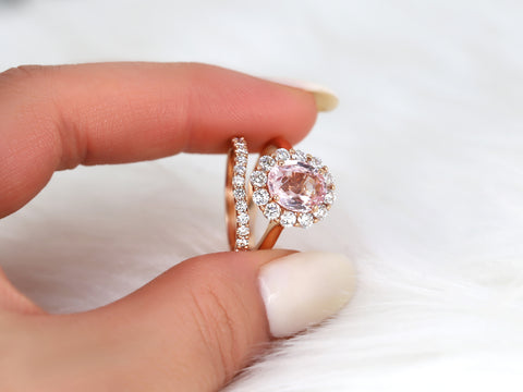 3.37cts Ready to Ship Katherine 14kt Rose Gold Champagne Peach Sapphire Diamond Halo Bridal Set - Rosados Box