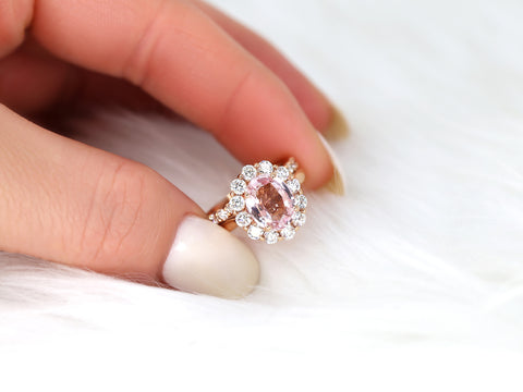 3.37cts Ready to Ship Katherine 14kt Rose Gold Champagne Peach Sapphire Diamond Halo Bridal Set - Rosados Box