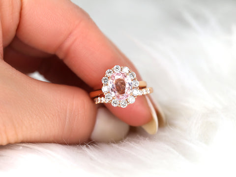 3.37cts Ready to Ship Katherine 14kt Rose Gold Champagne Peach Sapphire Diamond Halo Bridal Set - Rosados Box