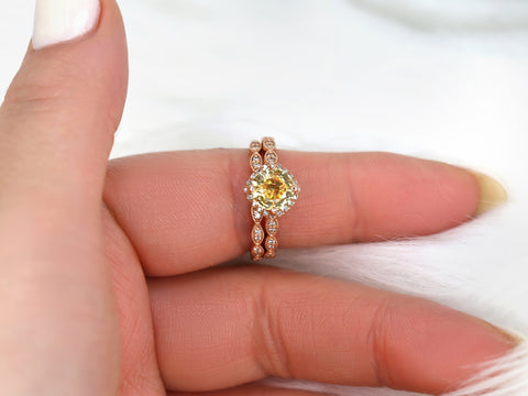 2.06cts Ready to Ship Katya 14kt Rose Gold Yellow Sapphire Diamonds Kite Art Deco Cushion Halo WITH Milgrain Bridal Set - Rosados Box