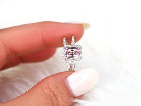 1.68ct Ready to Ship Lisette 14kt White Gold Blush Sapphire Diamond Radiant Halo Bridal Set - Rosados Box