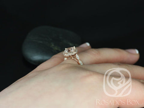 Ready to Ship Lucille 7mm 14kt WHITE Gold WITH Milgrain Morganite Diamond Kite Cushion Halo Ring - Rosados Box