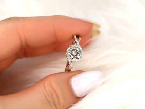 SALE 1.25ct Ready to Ship Maritza 7mm 14kt White Gold FB Moissanite Diamond Crossover Round Halo Ring - Rosados Box