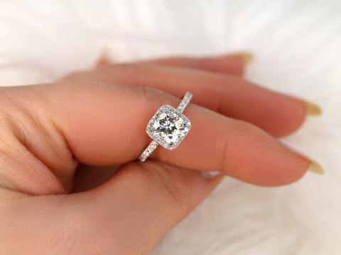 SALE 1.70ct Ready to Ship Pernella 7mm 14kt White Gold FB Moissanite Diamond Cushion Halo Ring - Rosados Box