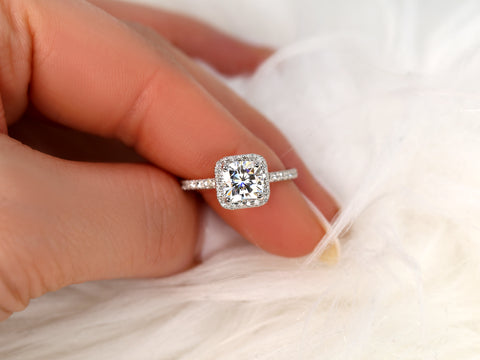 SALE 1.70ct Ready to Ship Pernella 7mm 14kt White Gold FB Moissanite Diamond Cushion Halo Ring - Rosados Box