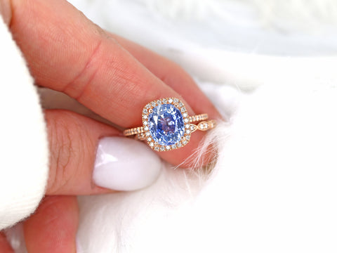 3.72cts Ready to Ship Romani & Christie 14kt Rose Gold Silver Cornflower Blue Sapphire Diamond Art Deco Halo Bridal Set - Rosados Box