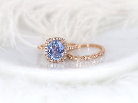 3.72cts Ready to Ship Romani & Christie 14kt Rose Gold Silver Cornflower Blue Sapphire Diamond Art Deco Halo Bridal Set - Rosados Box