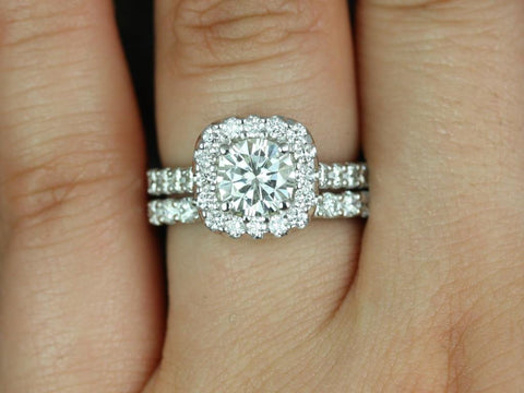 1.25ct SALE Ready to Ship Trisha 7mm 14kt White Gold FB Moissanite Diamond Cushion Halo Bridal Set - Rosados Box