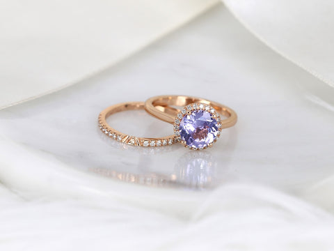 2.43cts Ready to Ship Shannon 14kt Rose Gold Grape Purple Sapphire Diamond Round Micropave Halo Bridal Set - Rosados Box