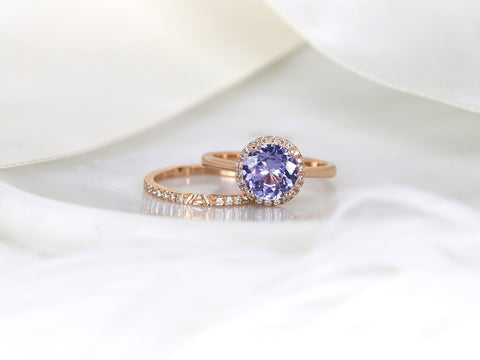 2.43cts Ready to Ship Shannon 14kt Rose Gold Grape Purple Sapphire Diamond Round Micropave Halo Bridal Set - Rosados Box