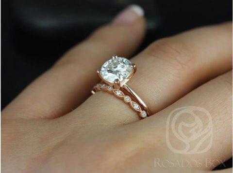 2ct Skinny Alberta 8mm & Gwen 14kt Rose Gold Moissanite Diamond Dainty Round Solitaire Bridal Set