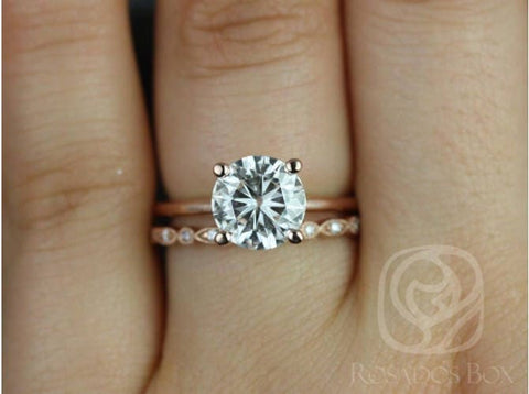 2ct Skinny Alberta 8mm & Gwen 14kt Rose Gold Moissanite Diamond Dainty Round Solitaire Bridal Set