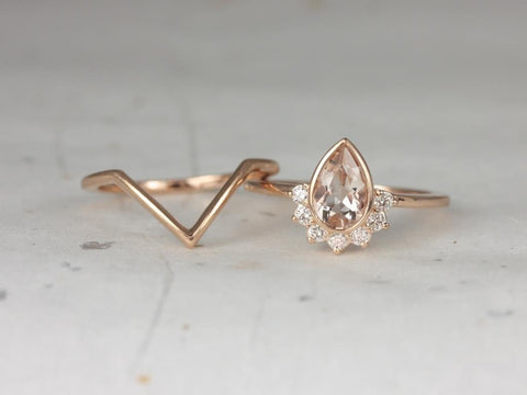 Oana 8x5mm & Femme 14kt Rose Gold Morganite Diamond Pear Bezel Crescent Sunrays Unique Half Halo V Bridal Set