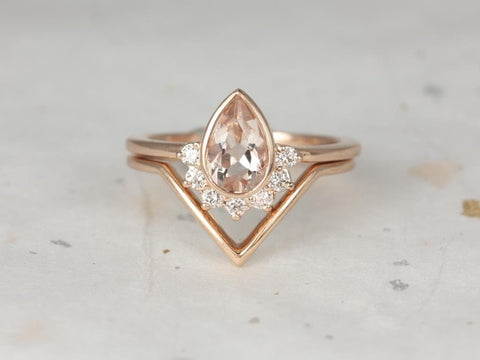 Oana 8x5mm & Femme 14kt Rose Gold Morganite Diamond Pear Bezel Crescent Sunrays Unique Half Halo V Bridal Set