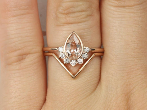 Oana 8x5mm & Femme 14kt Rose Gold Morganite Diamond Pear Bezel Crescent Sunrays Unique Half Halo V Bridal Set