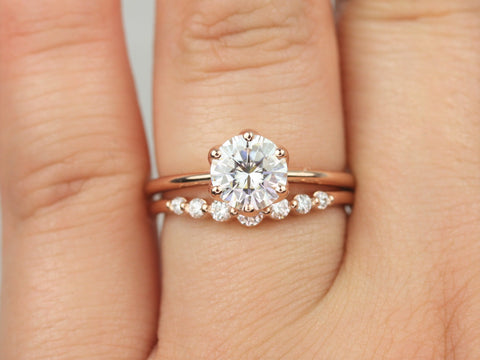 1.25ct Edith 7mm & Nova 14kt Rose Gold Round Moissanite Diamond Dainty Thin 6 Prong Bridal Set