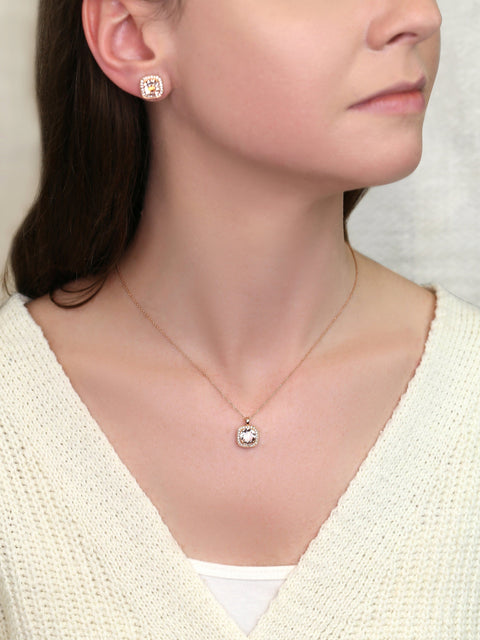 Ready to Ship Rheine 8mm 14kt Rose Gold Morganite Diamond WITH Milgrain Cushion Halo Necklace