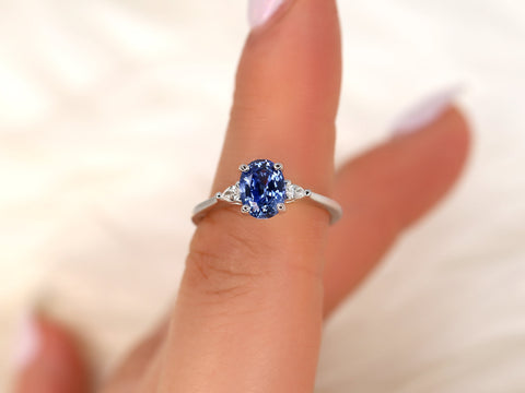 1.55ct Ready to Ship Petite Emery 14kt Cornflower Lavender Sapphire Diamond Pear Three Stone Oval Ring,Oval Triology Ring,Oval Sapphire Ring